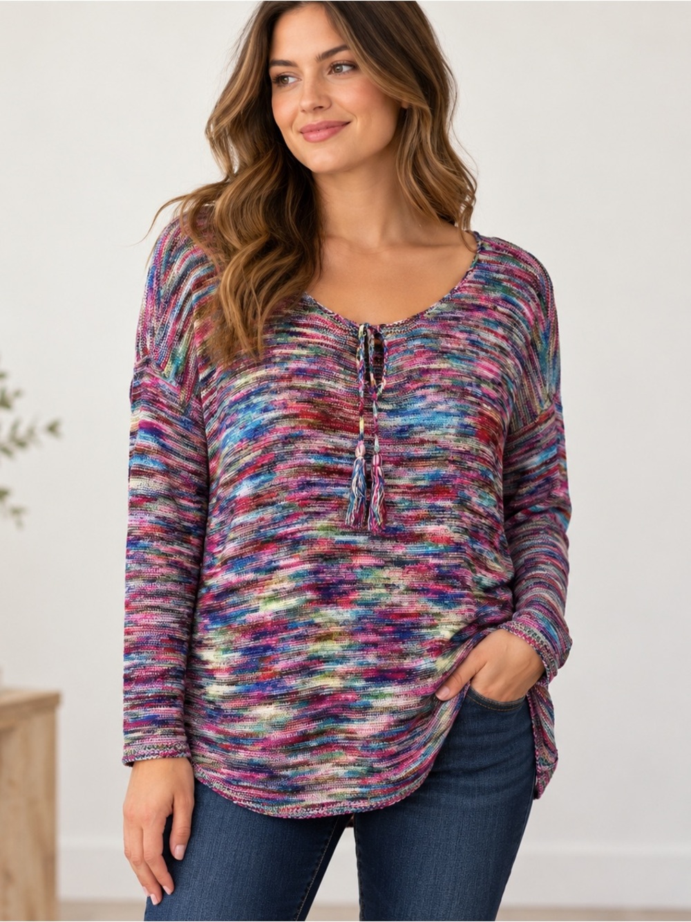 99 Jane Street XL Multicolor Space Dye Tunic Tassel Tie Sweater